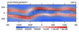 Contours of TIME-GCM electron density (cm-3) as a function of longitude and latitude near 450 km altitude and 20 hours local solar time for March equinox and geomagnetically undisturbed conditions